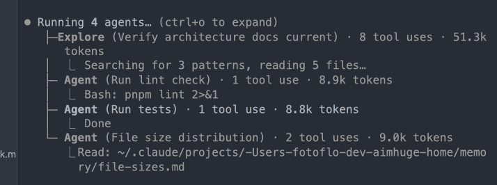 Claude Code running 4 parallel subagents: Explore for architecture docs, Agent for lint check, Agent for tests, and Agent for file size distribution