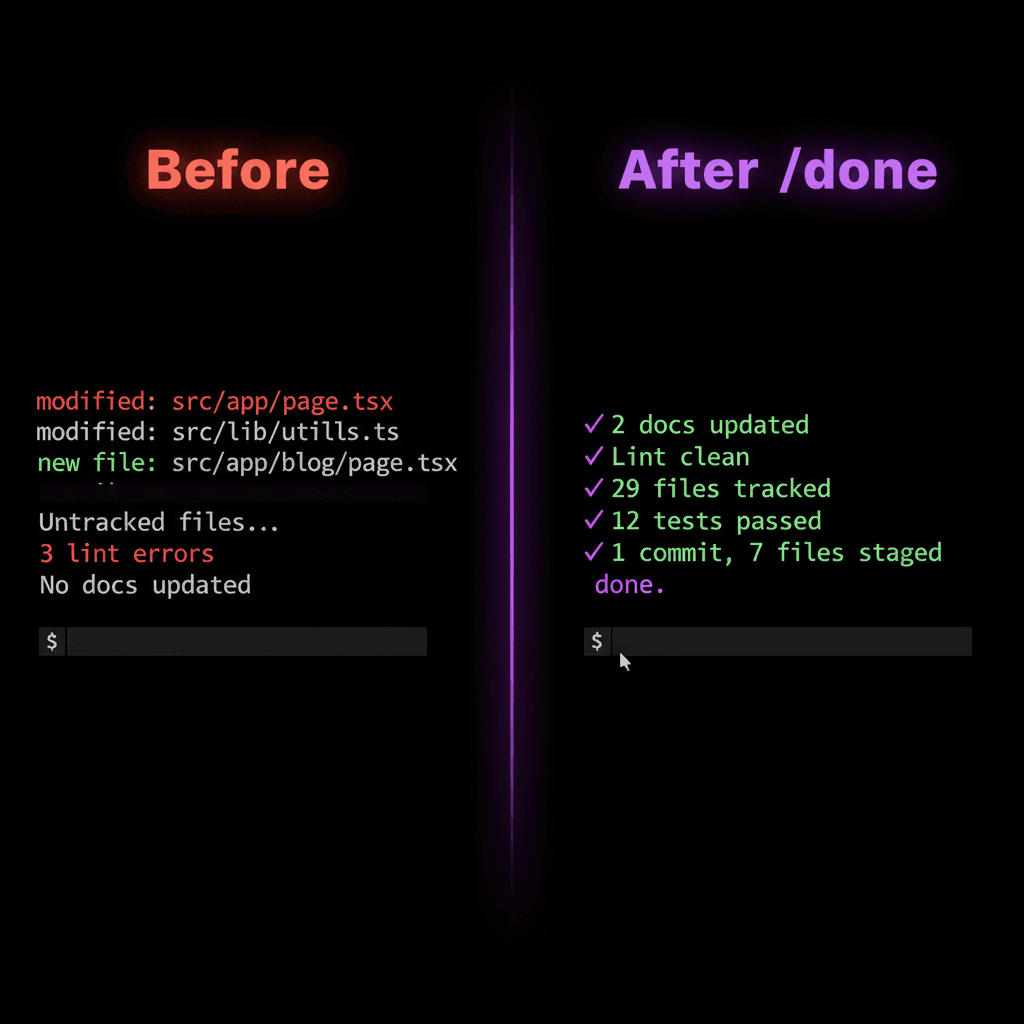Before and after comparison: messy git status vs clean /done output