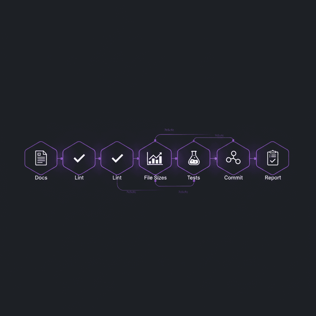 Six-phase pipeline: Docs, Lint, File Sizes, Tests, Commit, Report