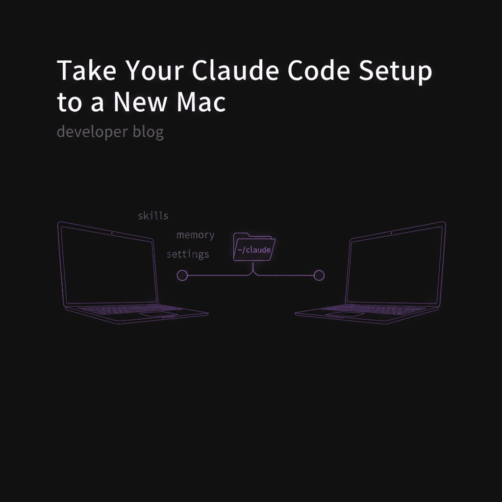 Two laptops connected by a git branch line, with the ~/.claude folder syncing between them
