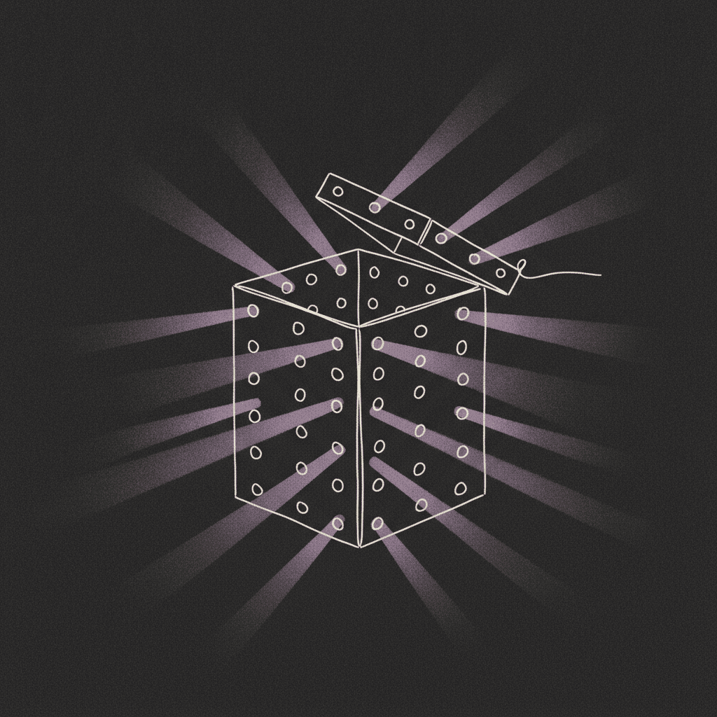 Ink-line illustration of the box pierced by many holes, purple light streaming out in every direction, lid ajar
