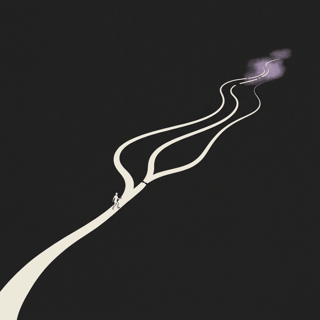 Ink-line illustration of a single path splitting into three branches, one washed in purple light, a small figure walking at the split
