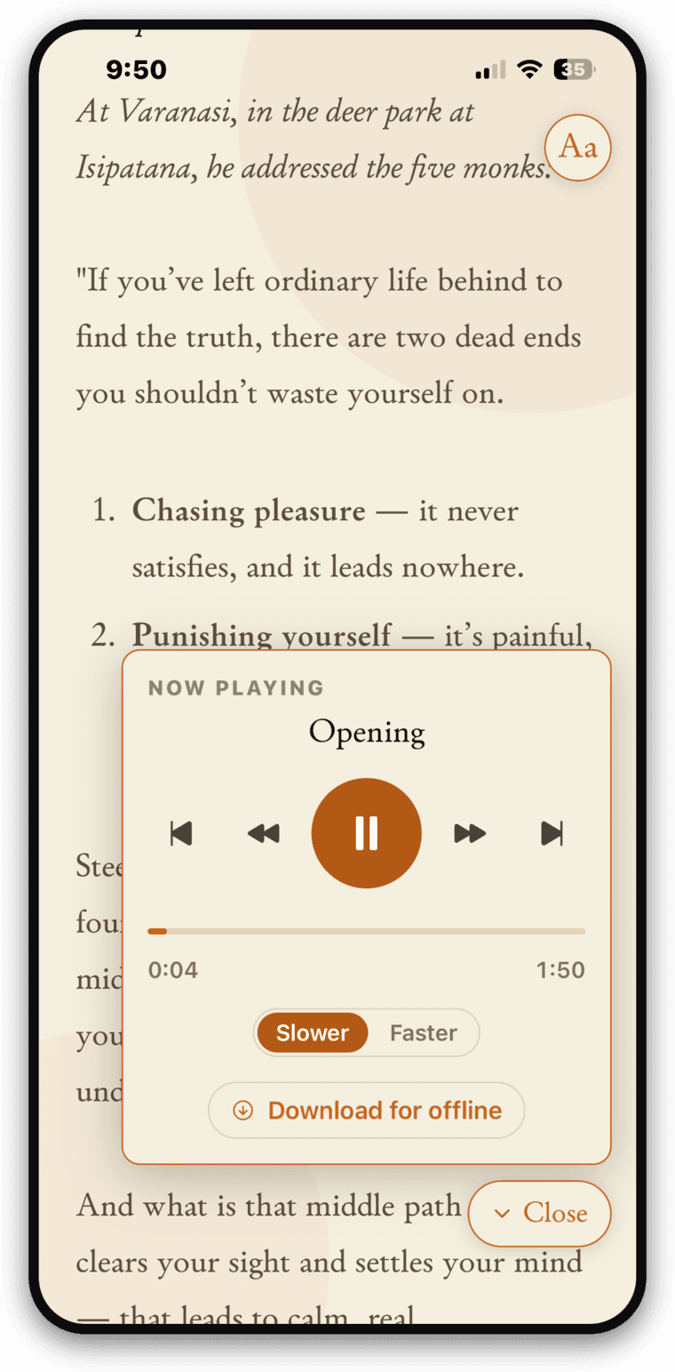 The Plain Dharma app playing a narrated sutta